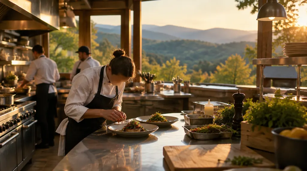 A chef plating a dish in a busy kitchen in Anderson, SC