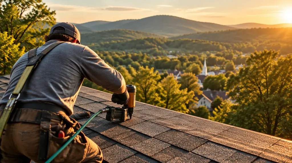 A roofer nailing architectural shingles on a sunny roof in Anderson, SC