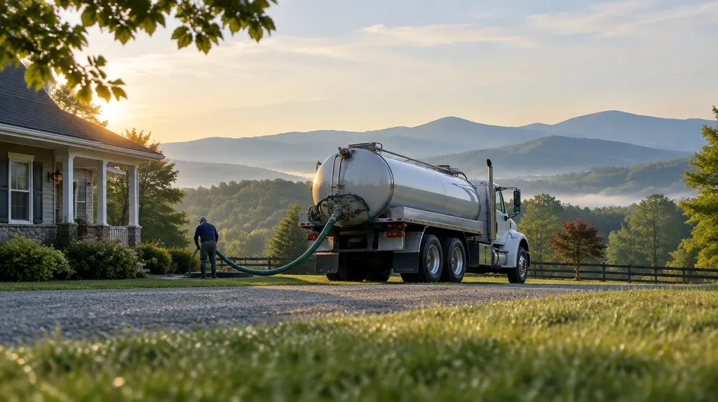 A septic pump truck parked beside a rural house in Anderson, SC