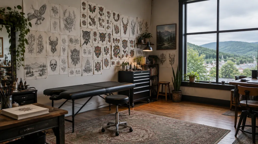 Sketches and flash art on a studio wall in Anderson, SC