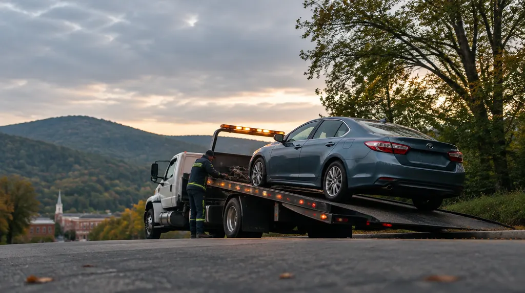 A flatbed tow truck loading a car at dusk in Anderson, SC