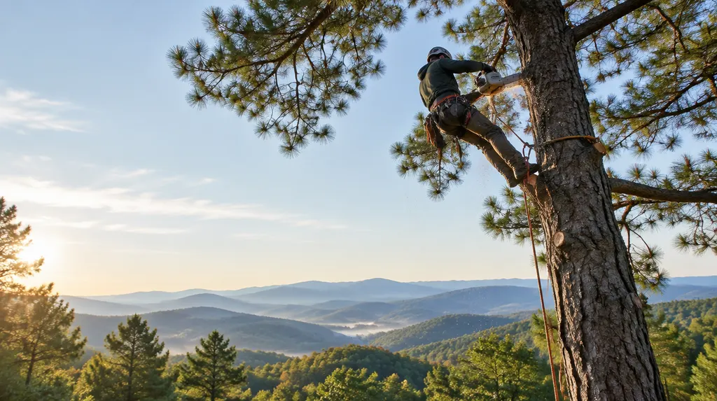 An arborist in a harness trimming a tall pine in Anderson, SC