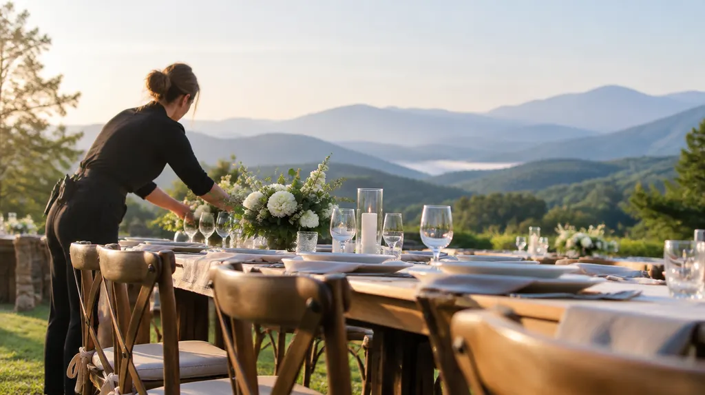 A wedding planner arranging a reception table in Anderson, SC