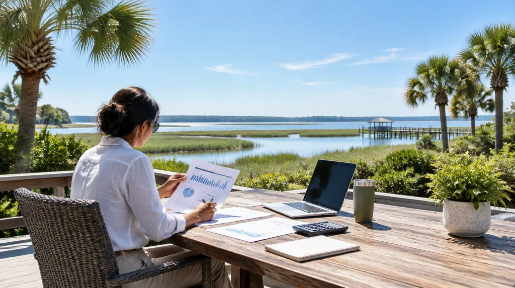 An accountant reviewing financial reports at a desk in Bluffton, SC