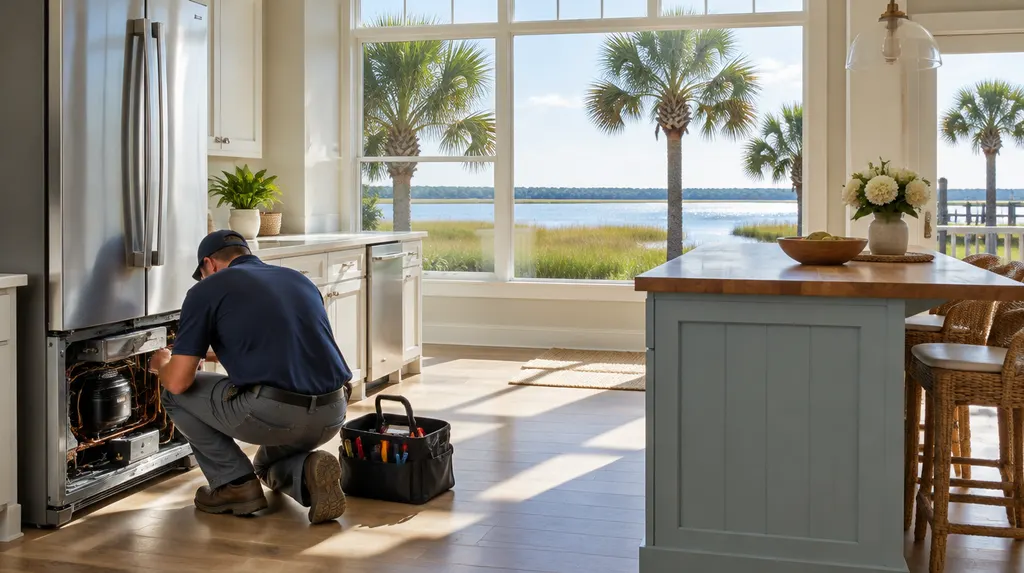 A technician repairing a refrigerator in a kitchen in Bluffton, SC