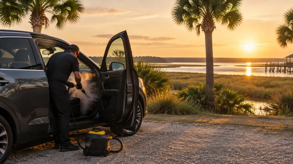 A detailer cleaning a car interior with a steam tool in Bluffton, SC
