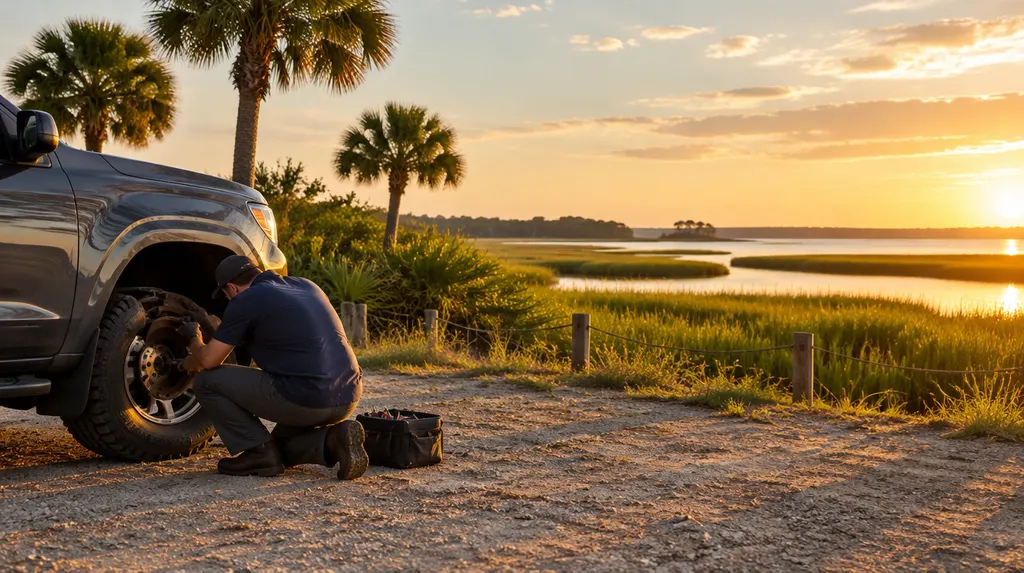 A mechanic checking brakes on a wheel in Bluffton, SC