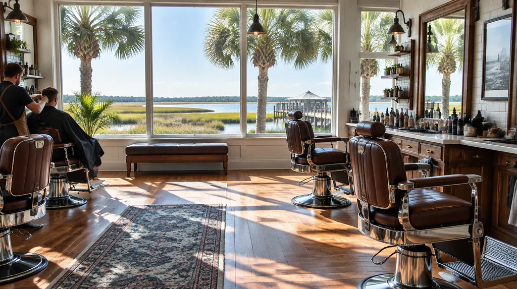 A classic barbershop with leather chairs in Bluffton, SC