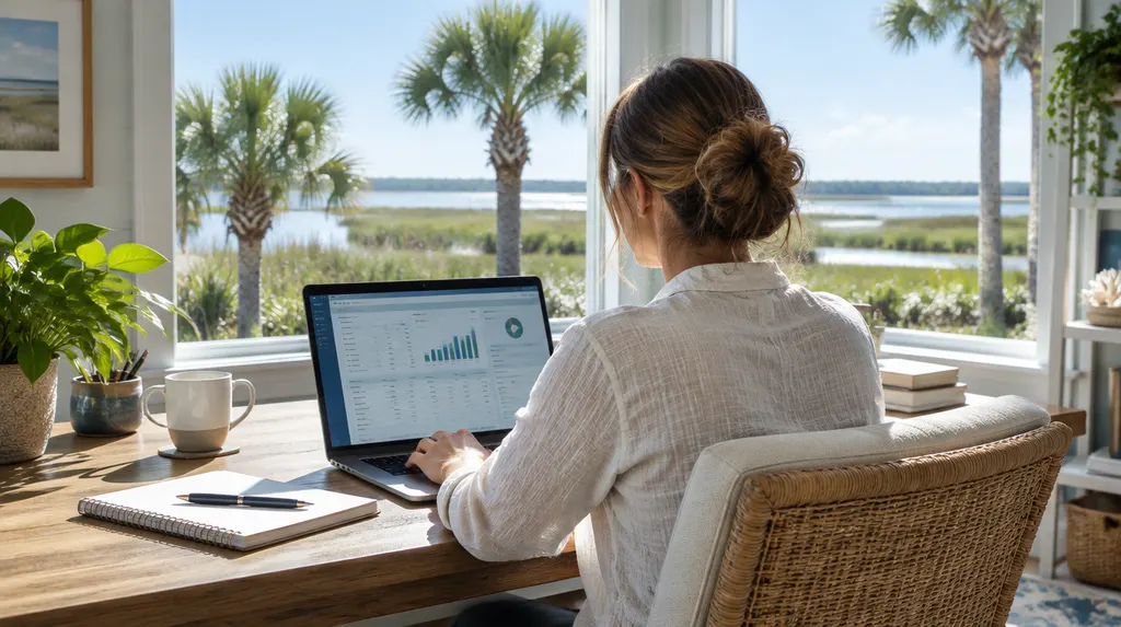 A bookkeeper working on financial software in a home office in Bluffton, SC