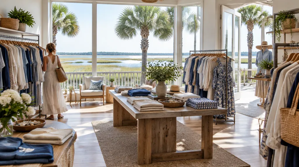 A stylish boutique interior with clothing racks in Bluffton, SC
