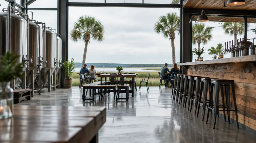 A craft brewery taproom with tanks and a bar in Bluffton, SC