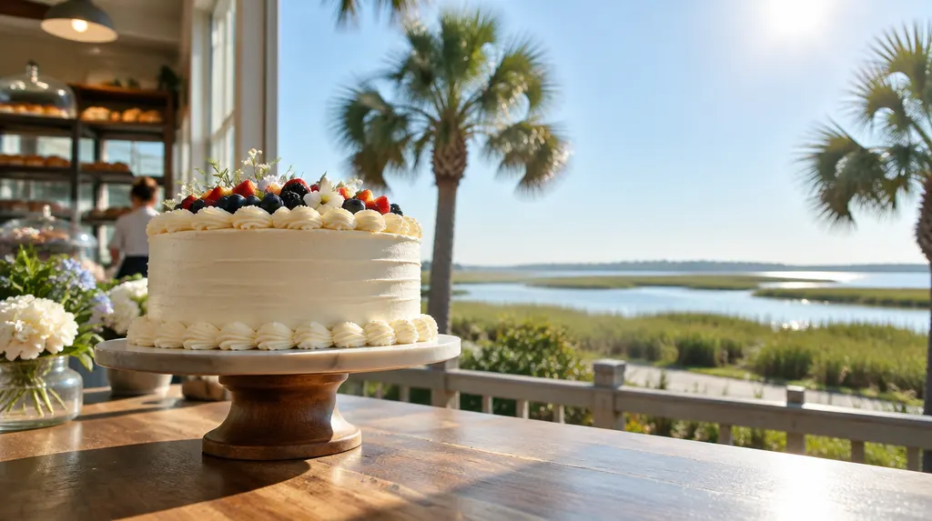 A decorated celebration cake in a bakery in Bluffton, SC