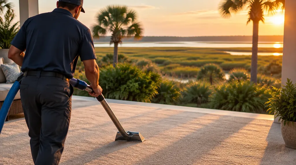 A technician cleaning a carpet with a wand in Bluffton, SC