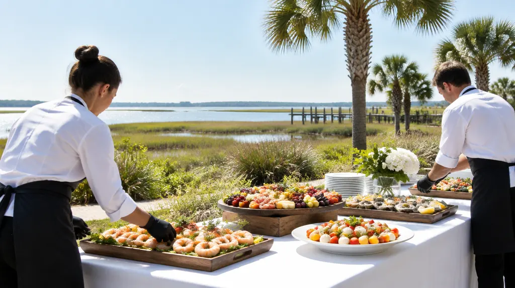 Caterers arranging platters on a table in Bluffton, SC