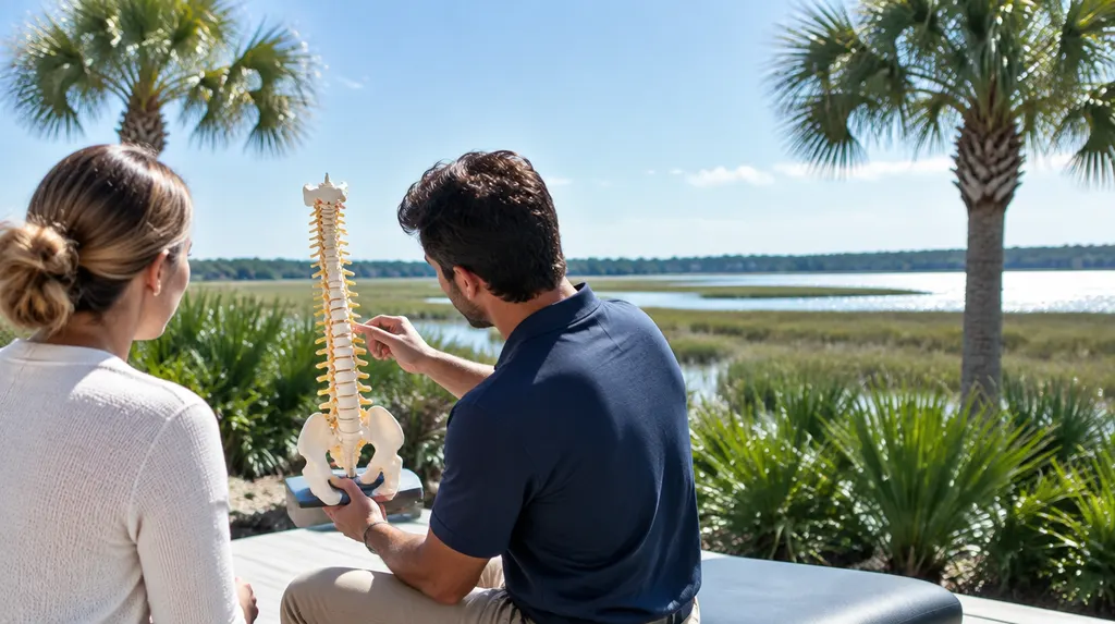 A chiropractor discussing a spine model in Bluffton, SC