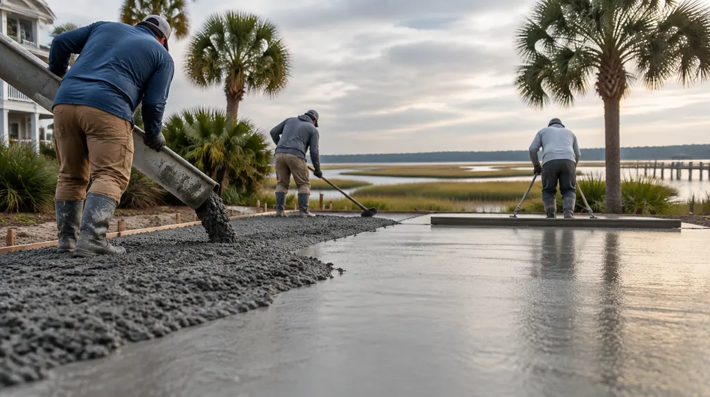 A crew pouring and screeding a new concrete driveway in Bluffton, SC