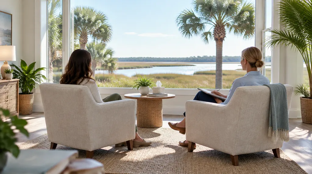 A calm, softly lit counseling room with two armchairs in Bluffton, SC