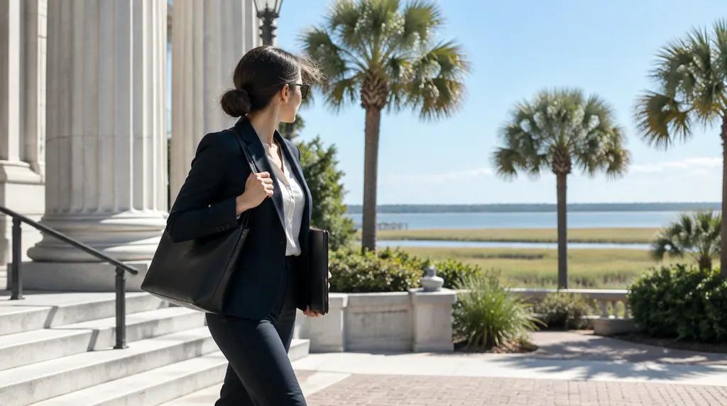 An attorney walking outside a courthouse-style building in Bluffton, SC