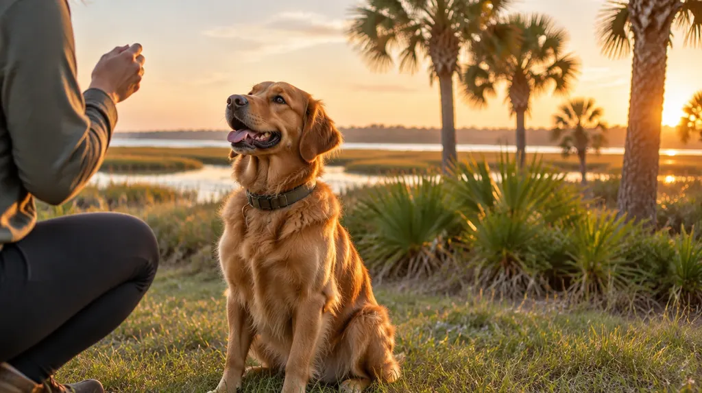 A happy dog sitting during a training session in Bluffton, SC