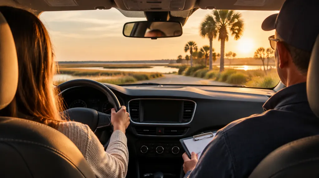 A driving instructor in the passenger seat of a training car in Bluffton, SC