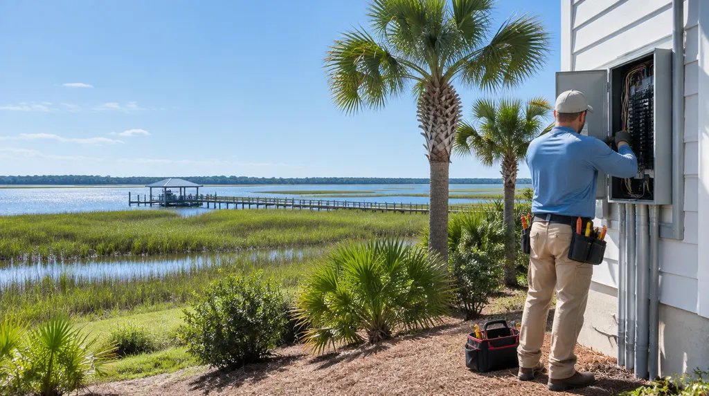 An electrician working on an open breaker panel in Bluffton, SC