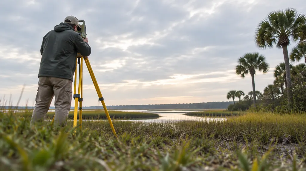 A surveyor with a tripod instrument in a field in Bluffton, SC