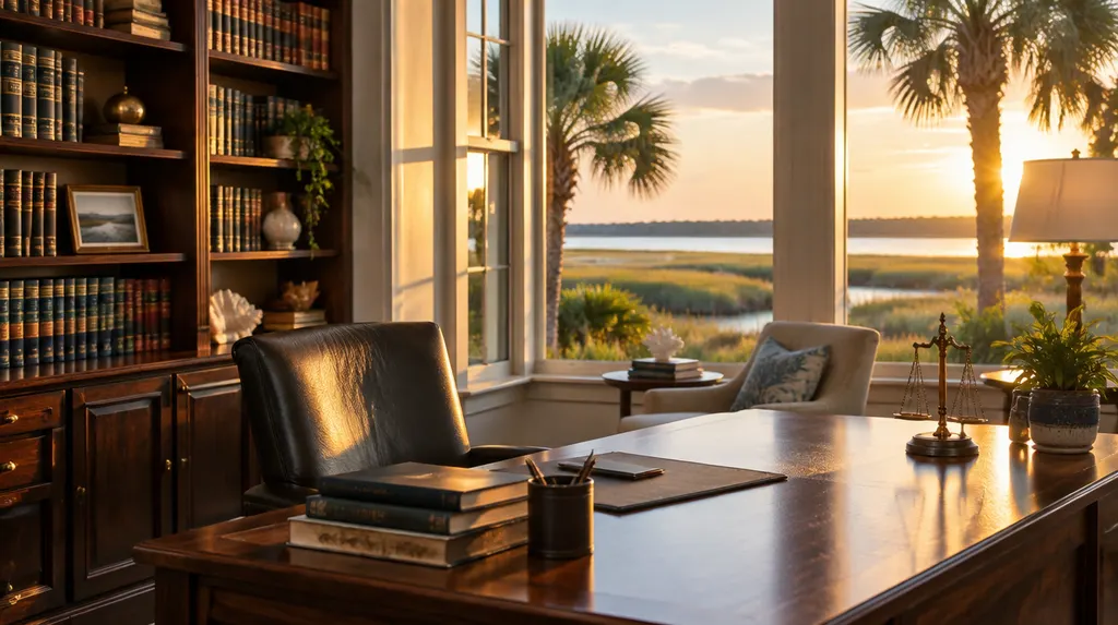 A quiet law office with bookshelves in Bluffton, SC