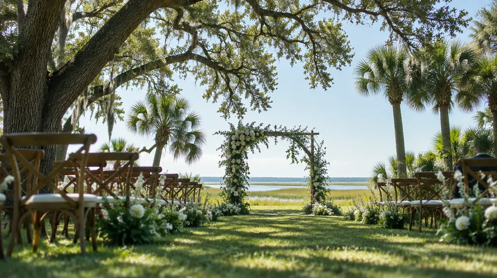 An outdoor ceremony setup under oak trees in Bluffton, SC