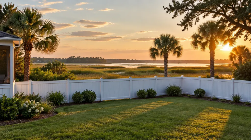 A white vinyl fence around a green backyard in Bluffton, SC