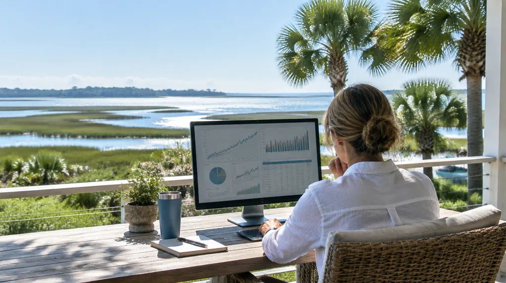 An advisor reviewing charts on a monitor in Bluffton, SC