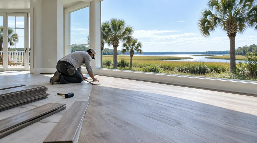 An installer laying luxury vinyl plank flooring in Bluffton, SC