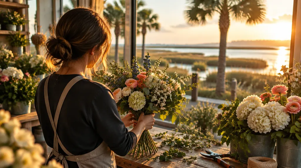 A florist arranging a bouquet in a flower shop in Bluffton, SC