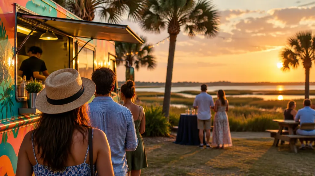 A colorful food truck serving at an evening event in Bluffton, SC