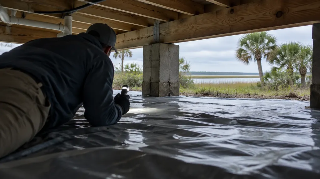 A technician inspecting a crawl space with a vapor barrier in Bluffton, SC
