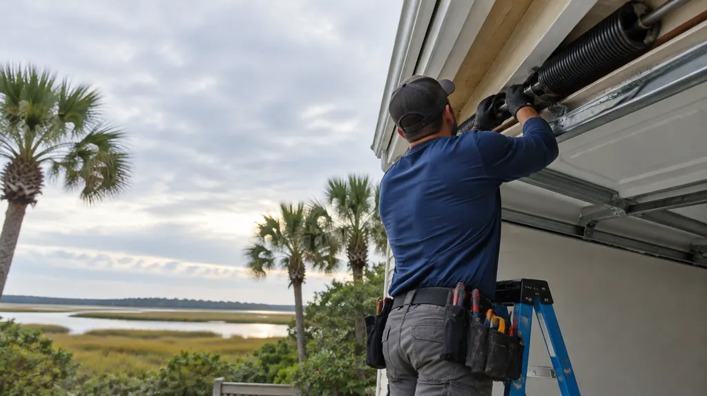 A technician replacing a torsion spring above a garage door in Bluffton, SC