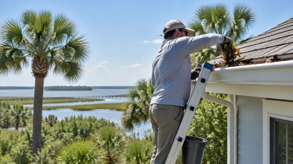 A worker cleaning leaves out of a gutter from a ladder in Bluffton, SC