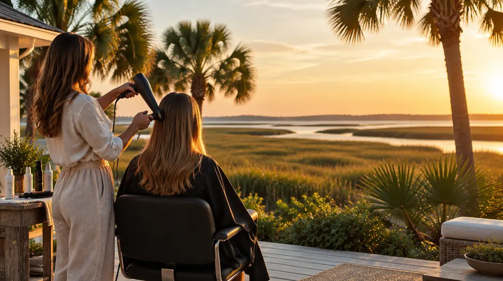 A stylist blow-drying a client’s hair in Bluffton, SC