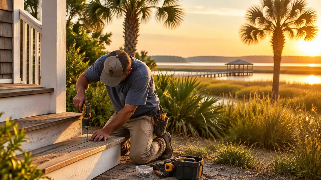 A handyman repairing a wooden porch step in Bluffton, SC