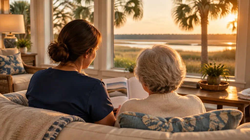 A warm living room with a caregiver and a senior reading together in Bluffton, SC