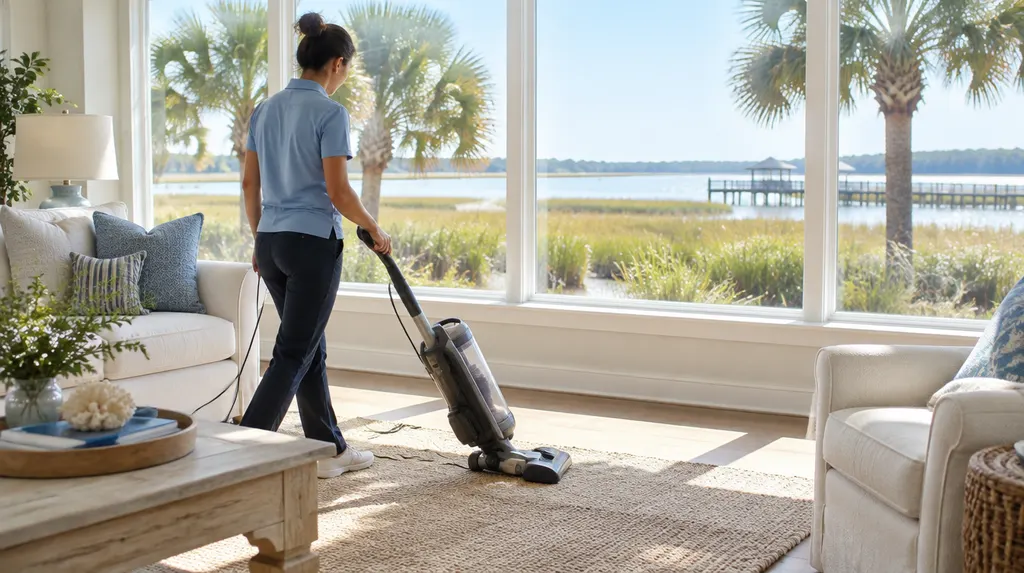 A cleaner vacuuming a sunny living room in Bluffton, SC