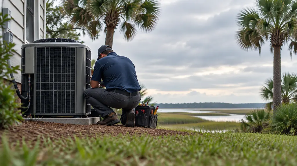 An HVAC technician servicing an outdoor condenser beside a house in Bluffton, SC