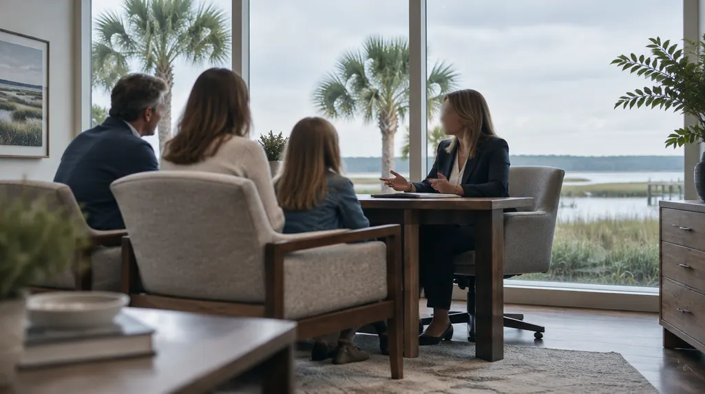 An insurance agent meeting a family in an office in Bluffton, SC