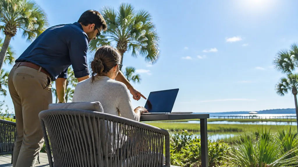 An IT consultant helping an employee at a laptop in Bluffton, SC