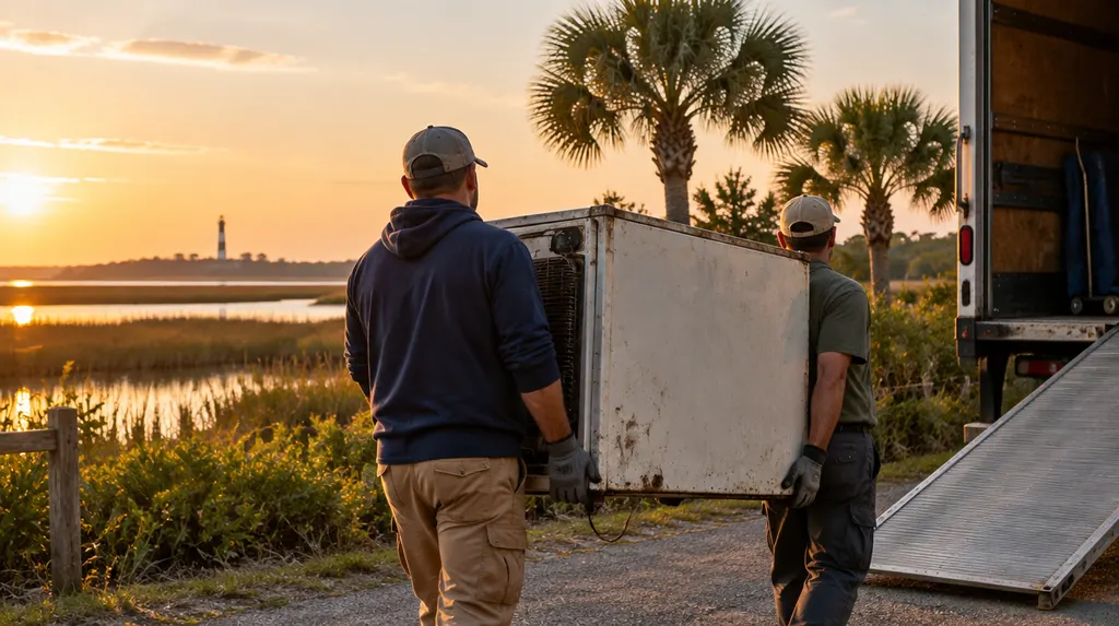 Workers carrying an old appliance to a truck in Bluffton, SC