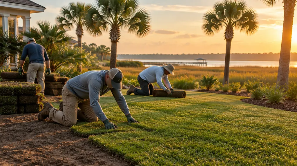 A crew laying fresh sod in a front yard in Bluffton, SC