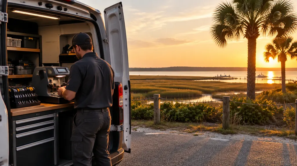 A locksmith cutting a new car key at a key machine in a work van in Bluffton, SC