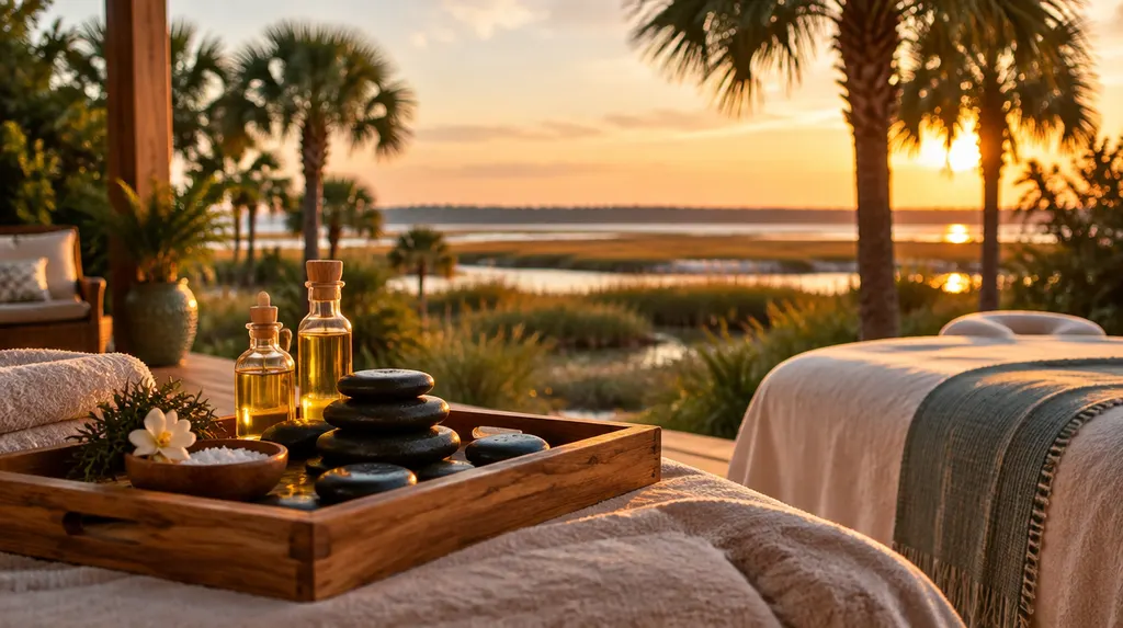 Warm stones and oils on a wooden tray in a spa in Bluffton, SC