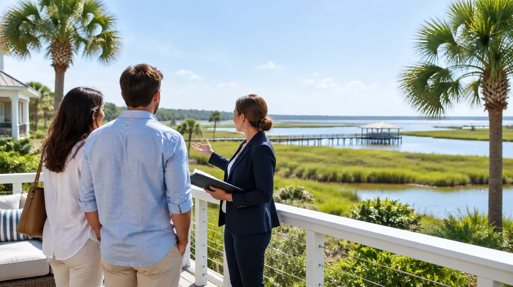 A mortgage broker explaining loan options to a young couple in Bluffton, SC