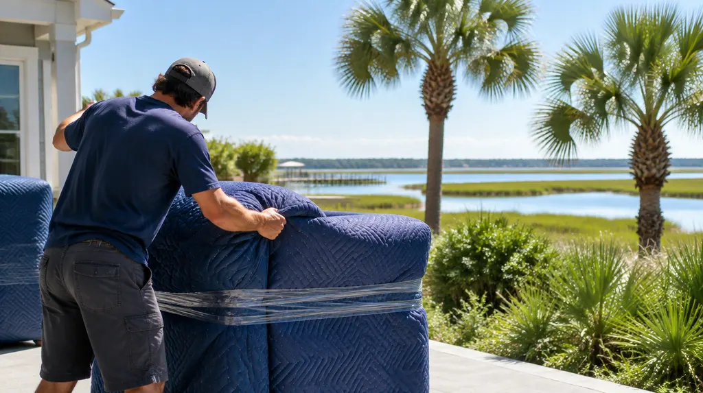 A mover wrapping furniture in moving blankets in Bluffton, SC