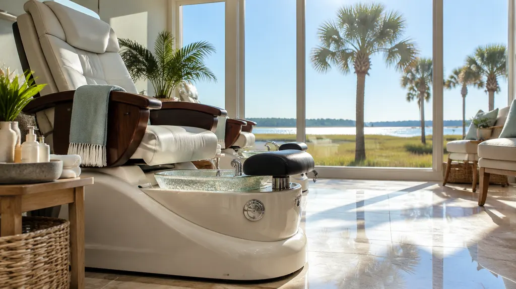 A pedicure spa chair in a clean salon in Bluffton, SC